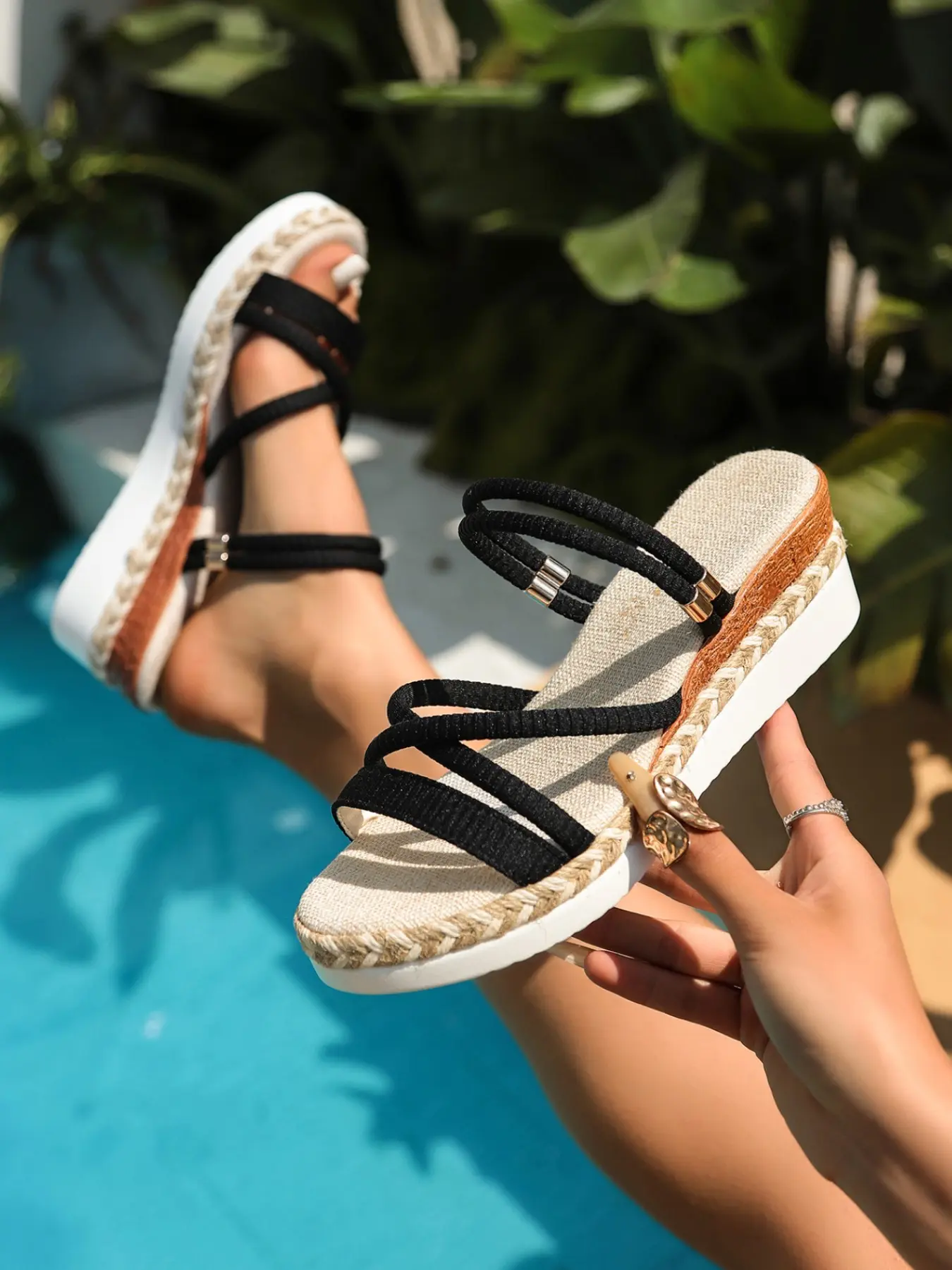 3-color women's wedge heel thick soled sandals with woven strap design, comfortable and fashionable, suitable for daily leisure and Summer beach vacation wear Footwear