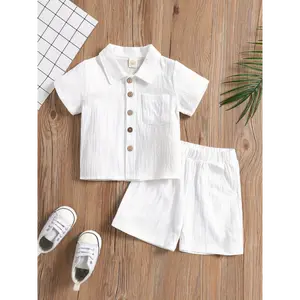 2pcs Little Boys Outfit, Toddlers Summer Autumn Solid Color Lapel Short Sleeve Single-Breasted Tops + Shorts Set, for Outdoor Clothes Kids White