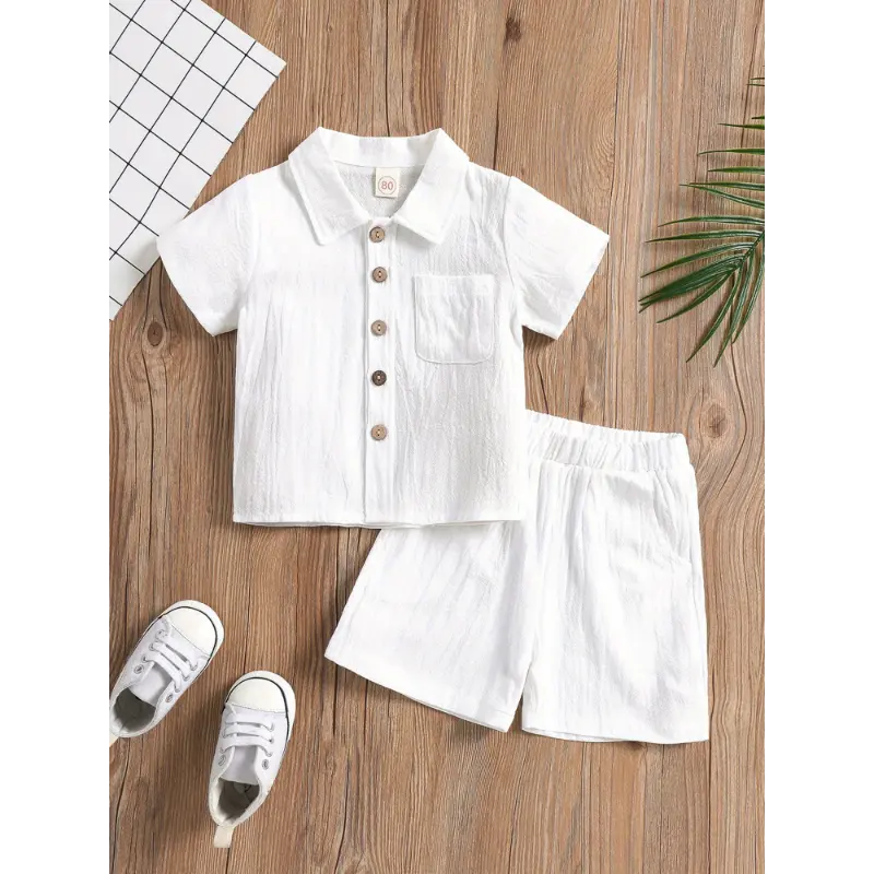 Boys' 2-Piece Cotton Basic Outfit Set - 0-3 Years Old Loose-Fitting Solid Color Lapel Short Sleeve Single-Breasted Top + Shorts, Summer-Autumn Outdoor Kids' Clothes (White, Dry Clean)