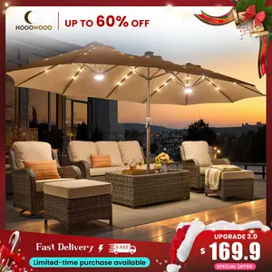 HOOOWOOO 15FT Solar LED Patio Umbrella with Base & Crank - Outdoor Market Umbrella for Garden, Deck, Backyard, Pool, Beach - Durable Water-Resistant Fabric, Adjustable Lighted Umbrella