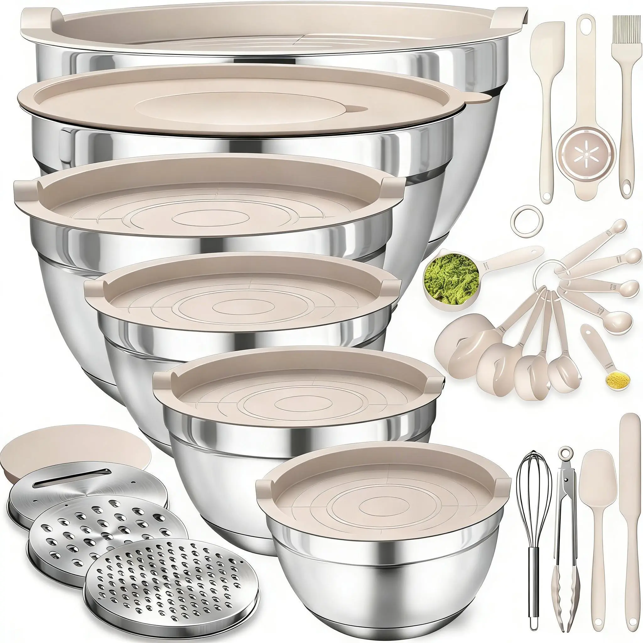 Nifogo 23-Pc Mix + Grate Kitchenware Set - Colorful Multi-Size Round Stainless Steel Nesting Mixing Bowls with Lids, Graters, Whisk, Spoons for Baking, Serving