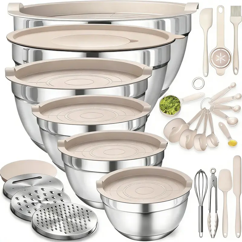 Nifogo 21-Piece Stainless Steel Round Bowl Set - Secure Lock Lids, Grate + Whisk Set, Kitchen Accessories, Stainless Steel Resists Everyday Wear, Ready for Baking, Mixing, and Prep (23-Piece Variant Available)