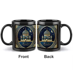 1pc 11oz black ceramic mug with golden mosque pattern and Ramadan text print. Suitable for Muslim festival celebrations and daily drinking. Very suitable as a Christmas gift, Valentine's Day gift, graduation gift, New Year gift, or Mother's Day gift.