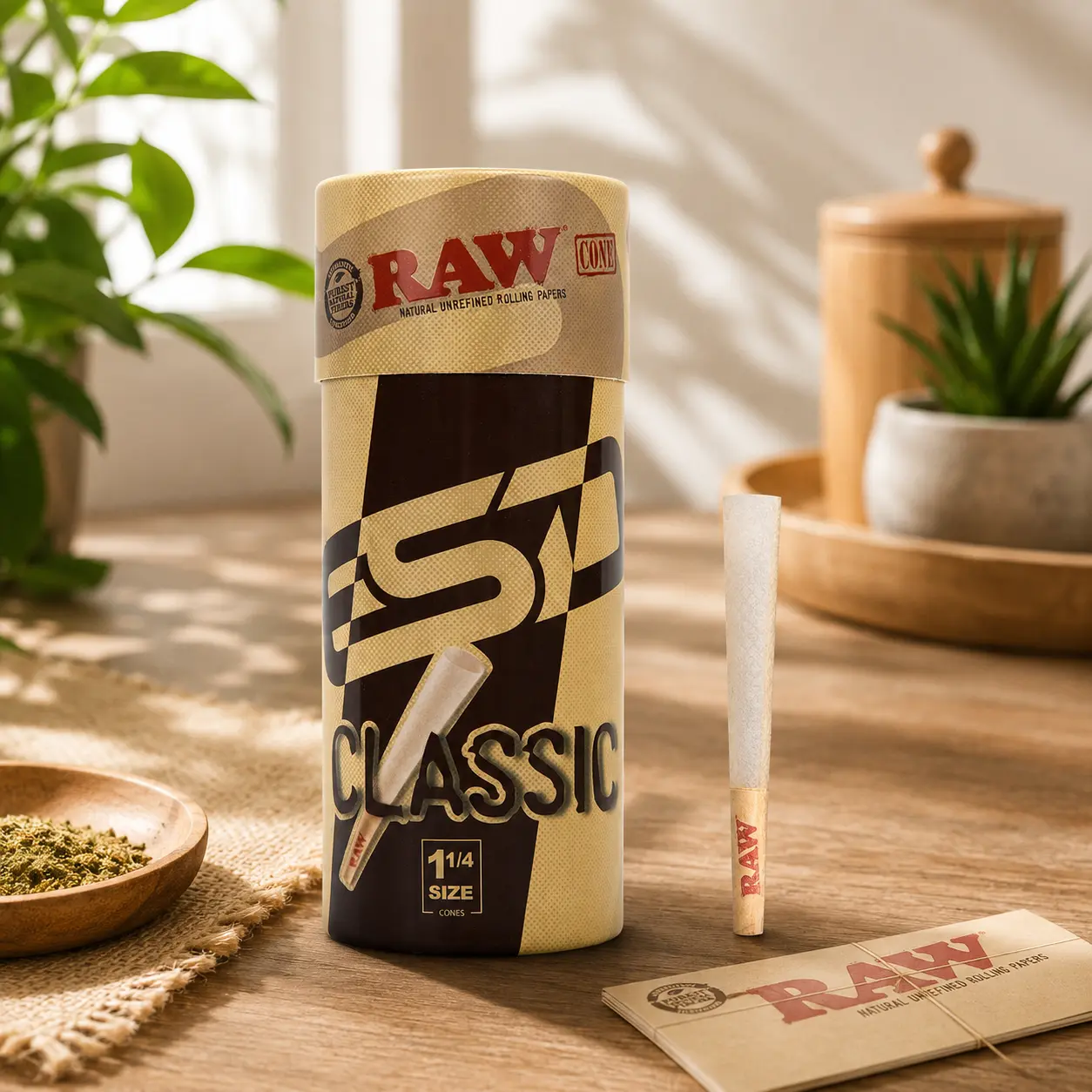 RAW Classic 1-1/4 Size Pre-Rolled Cones, 50-Pack Slow-Burning Paper Cones with Included Tips & Packing Tubes (Disposable Festive & Party Supply)