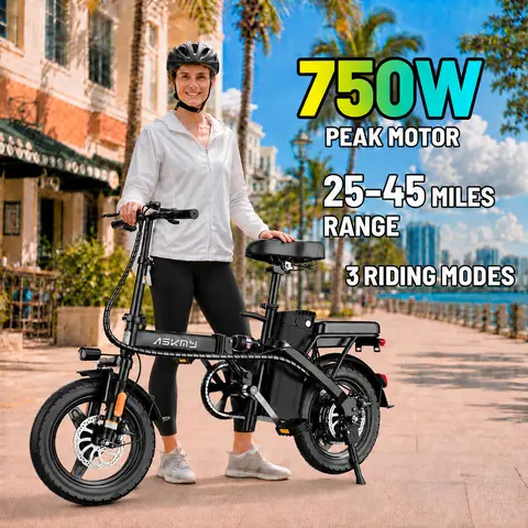 ASKMY E14 Lightweight Foldable Electric Bike, 750W Peak Motor, 48V 20Ah Removable Battery, Up to 45 Miles Long Range, 14” Tubeless Tires, Front & Rear Dual Disc Brakes, Dual Seat Design, UL Certified Battery, Urban Commuter Electric Bike