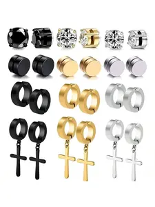 Men's Magnetic Stainless Steel Clip Earrings Set with Cz Pendants, No Piercing Required, 24 Pieces, Fashion Jewelry Accessories, Versatile Earrings Stack