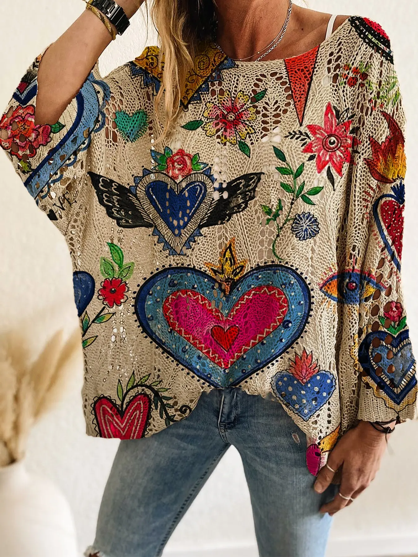 Women's Long Sleeve Knit Top, Heart Print Casual Sweater Vest, Spring Summer Fashion, Elegant Commuter Wear, Vacation Style, Knitwear
