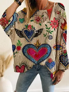 Women's Long Sleeve Knit Top, Heart Print Casual Sweater Vest, Spring Summer Fashion, Elegant Commuter Wear, Vacation Style, Knitwear