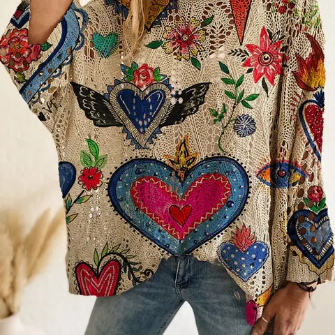 Women's Long Sleeve Knit Top, Heart Print Casual Sweater Vest, Spring Summer Fashion, Elegant Commuter Wear, Vacation Style, Knitwear