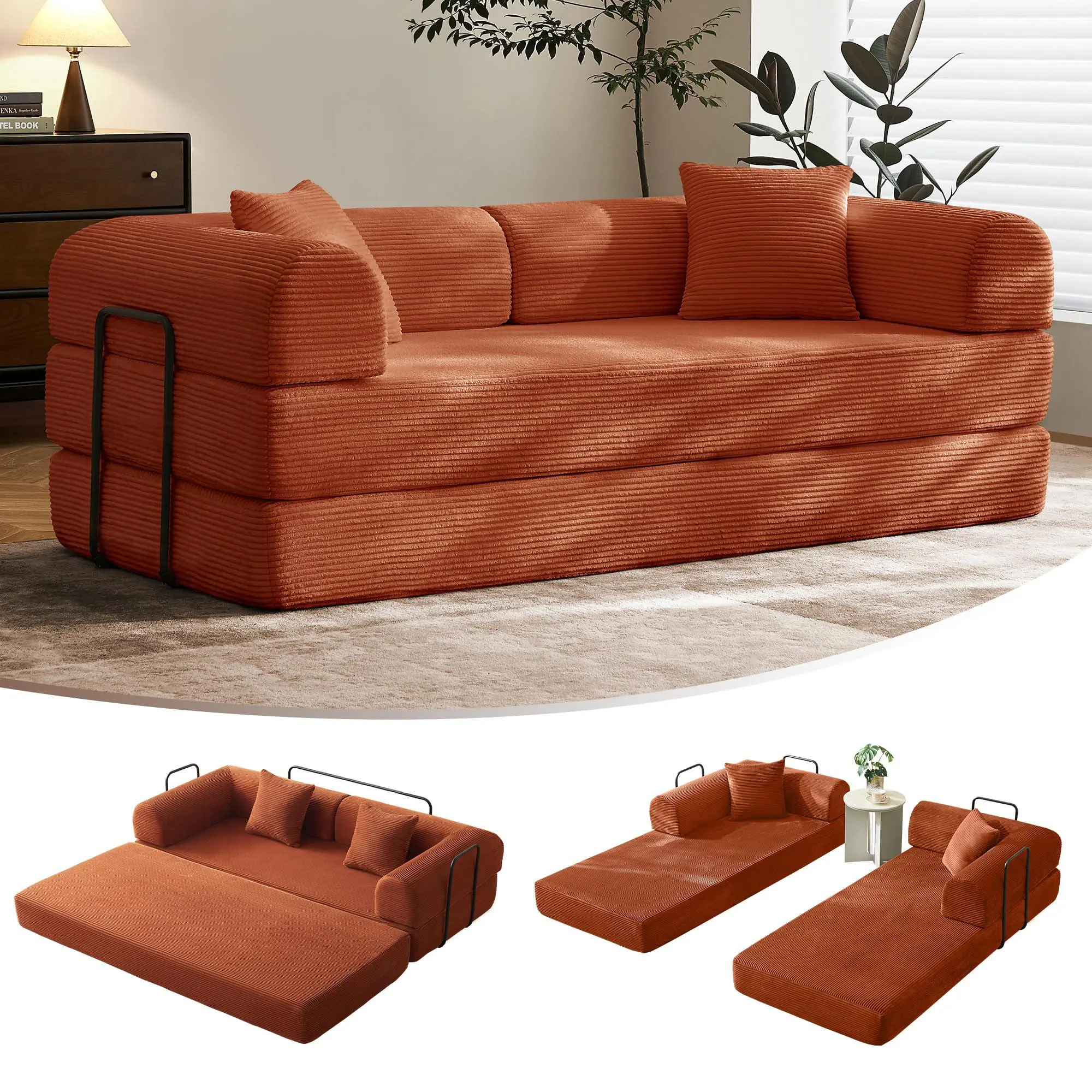 79" Convertible Sofa Bed with Fixed-Shape Frame & Removable Armrests, Modular Corduroy Sleeper Sofa, Folding Mattress Couch for Small Spaces - No Assembly Needed  Premium Sponge Padding, Multi-Functional Floor Sofa
