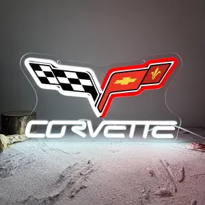 Chevrolet Corvette Car Logo Neon Sign for Garage Decor,Led Signs for Bar Man Cave Wall Decor,Bright Light of Automotive Supplies Store Display,Easy Hanging