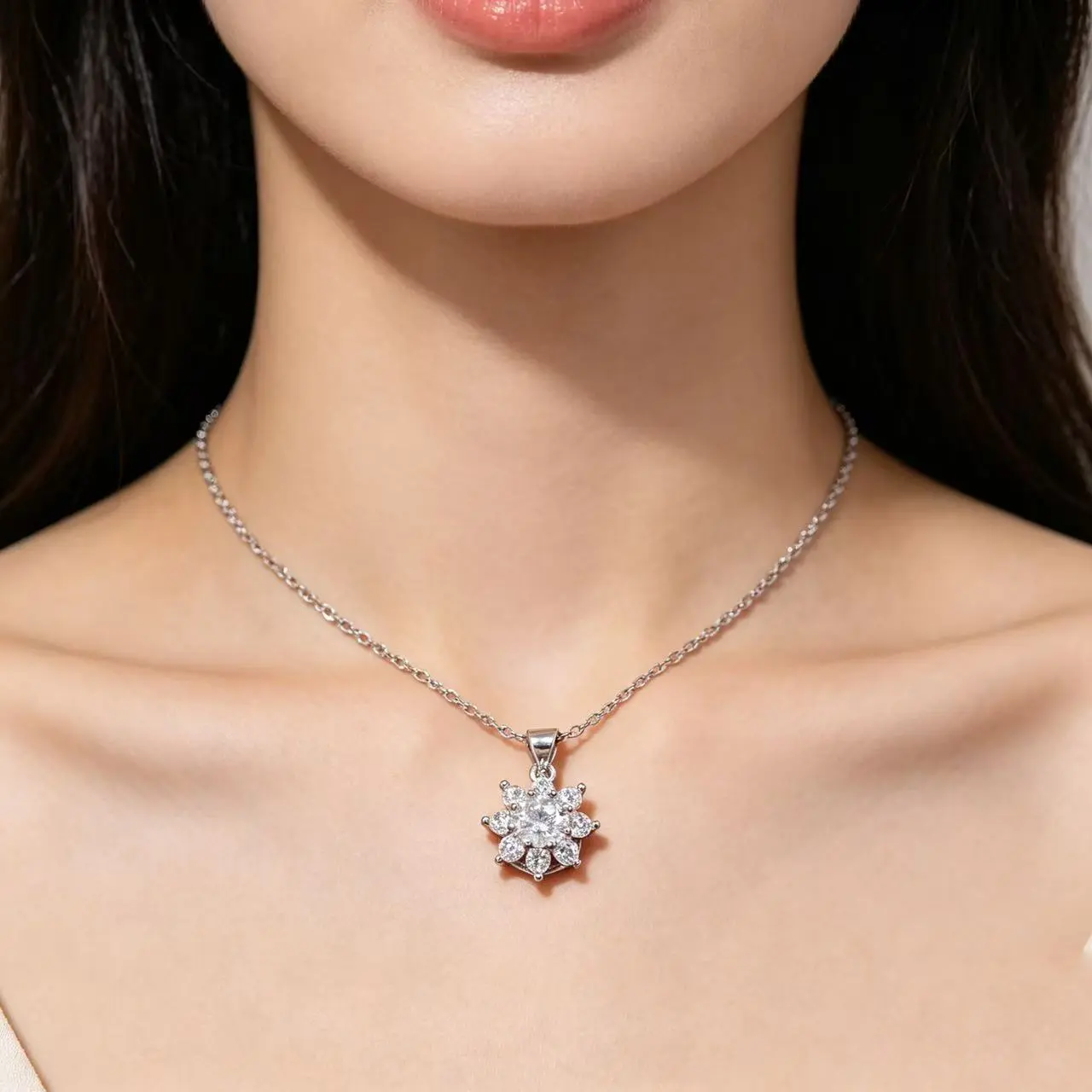 IGI Lab-Grown Diamond Necklace: S925 Silver, 1.02 ct Main Diamond + 0.5 ct Accent Diamonds, Starburst Floral Moissanite Design