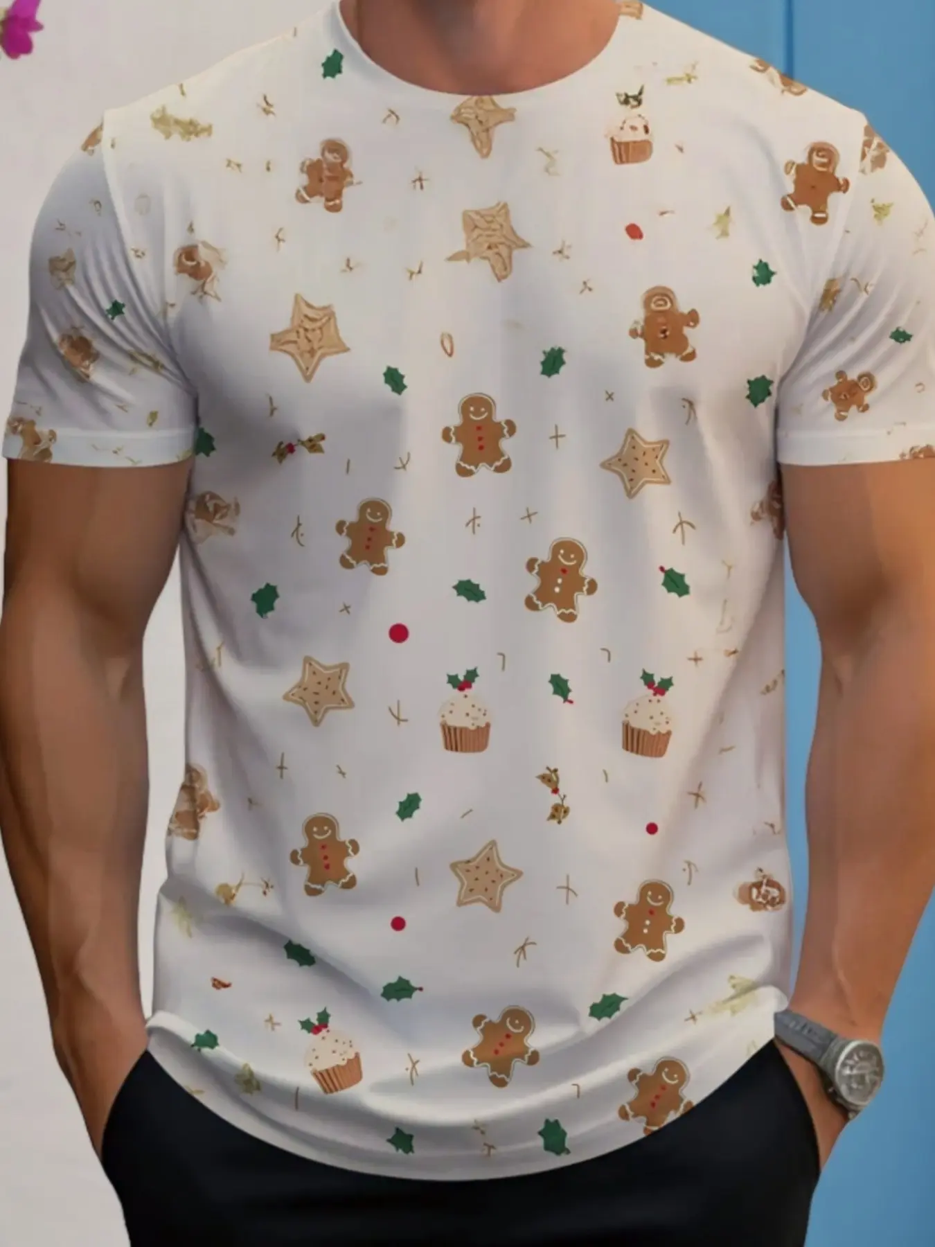 A lightweight men's T-shirt with a festive gingerbread pattern, perfect for home gatherings and casual wear in the living room or dining area.