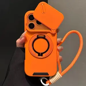 Phone Case: Rotatable Camera Cover Phone Case Shield Your Lens + Stand Magnetic Charging in One with Lanyard for iPhone Air 16 15 14 Plus 13 17 Pro Max, 360° Bracket Heavy Duty Armor Case