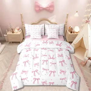 Feelyou 7-Piece Ultra Soft Blush Pink Kawaii Bow Bedding Set - Multi-Size Girly Coquette Comforter Set with Flat Sheet, Fitted Sheet and Preppy Bow Tie Knot Bed Bag, Seven Pieces