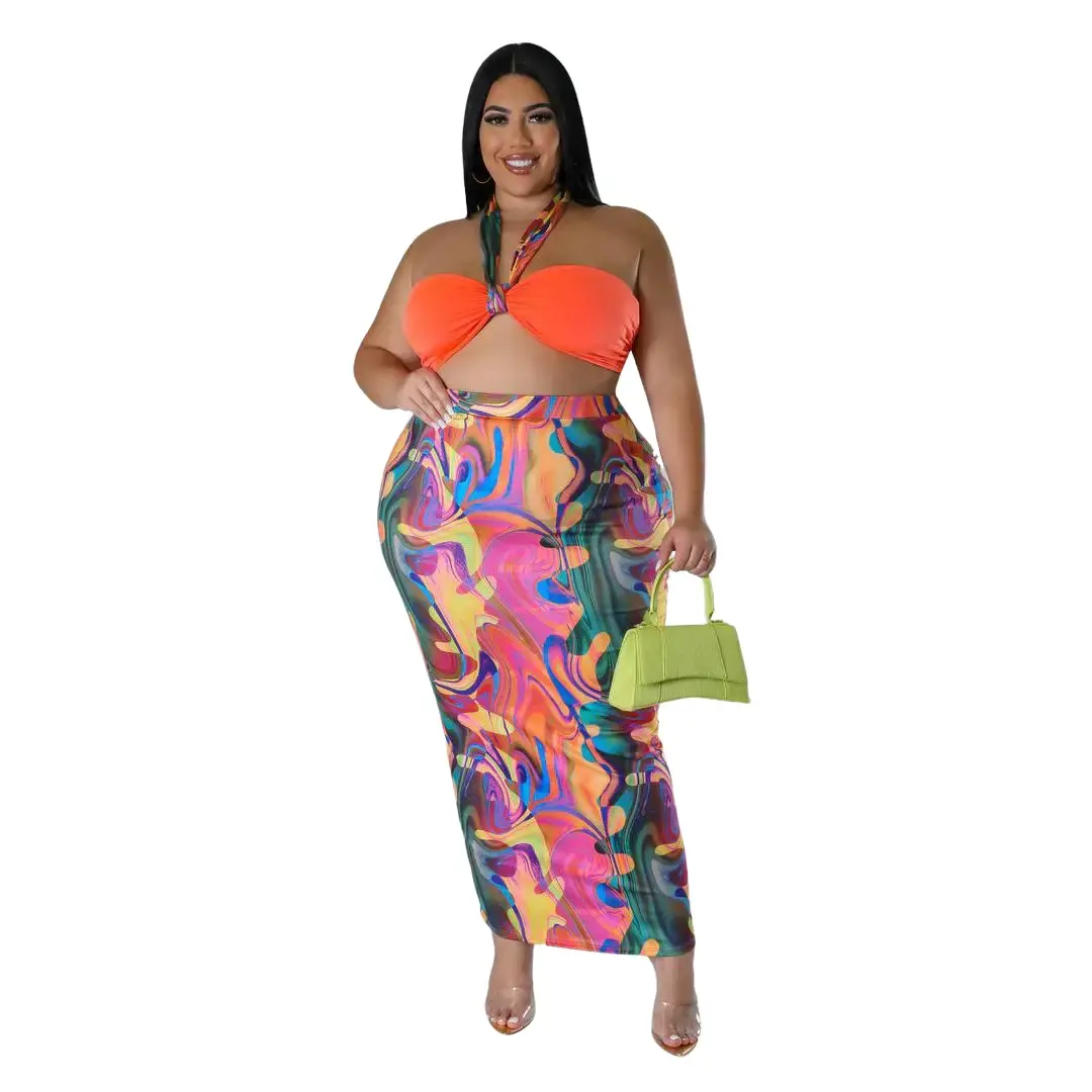Plus + Curve Sensational Bikini Halter Top Multi-Color Maxi Skirt Set