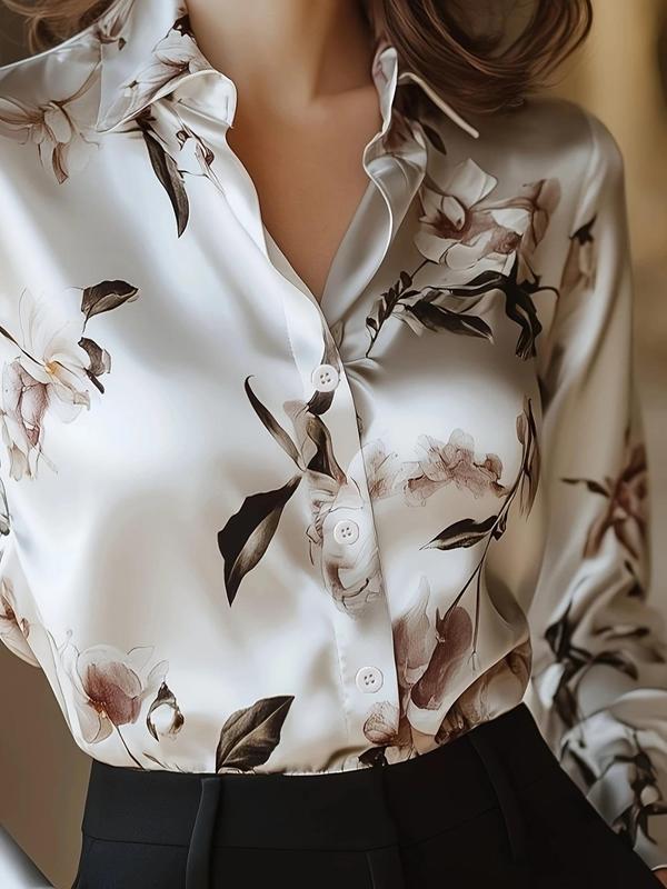 Women's Floral Print Satin Button Up Blouse, Elegant Long Sleeve Button Closure Top for Work Office Business, Ladies Clothes for All Seasons, Shirts