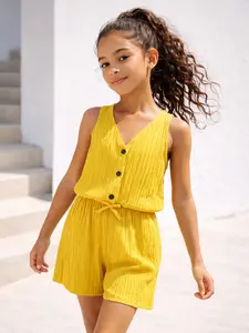 Girls' Summer Set Sleeveless V-Neck Top with Button Closure, Elastic Drawstring Shorts, Casual Fashion for Daily Wear