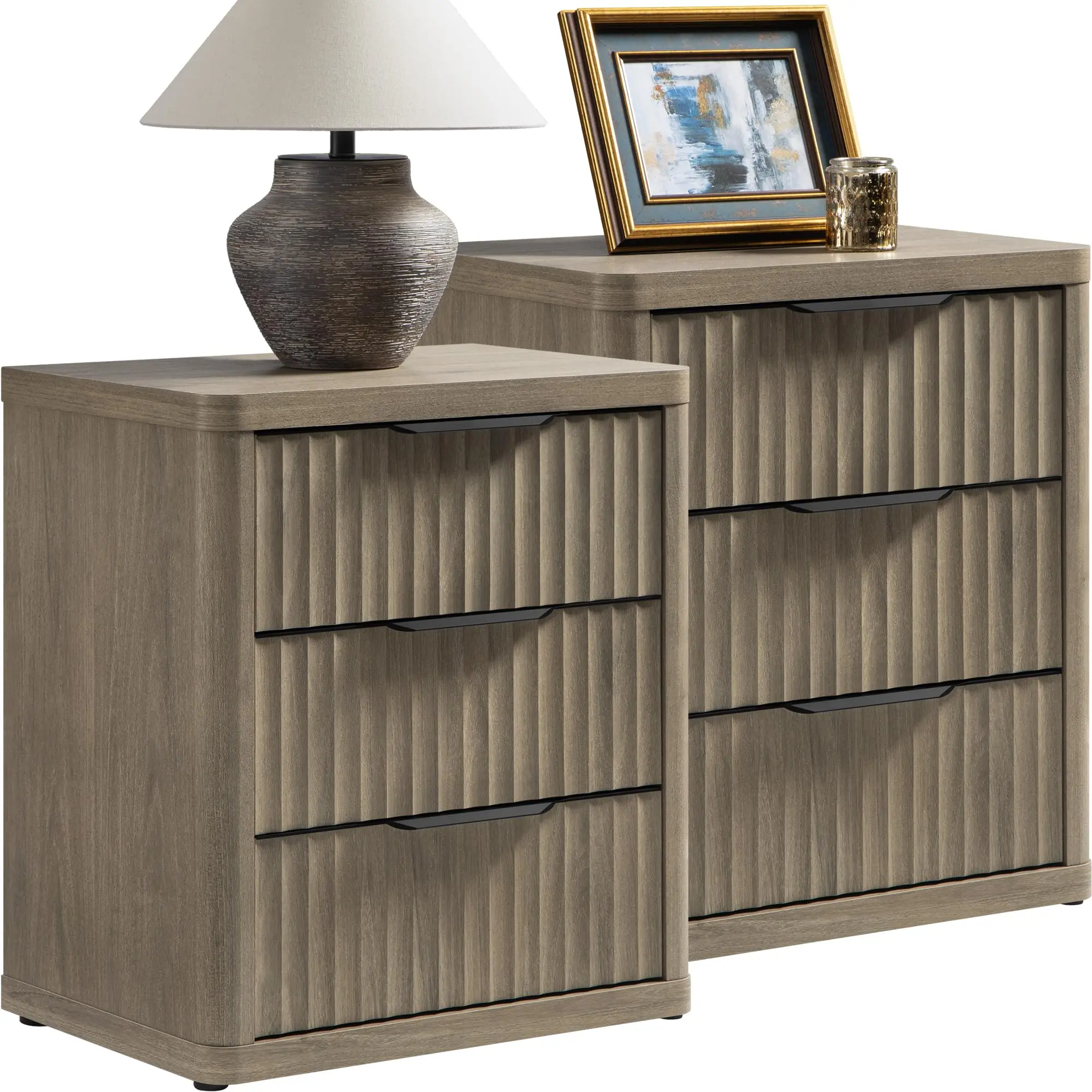 SICOTAS Set of 2 Mid Century Modern Nightstands, 3-Drawer Storage Bedside Tables (25.6" Tall) with Fluted Design, Minimal Chic Clean Look for Modern Bedroom Drawer Organization
