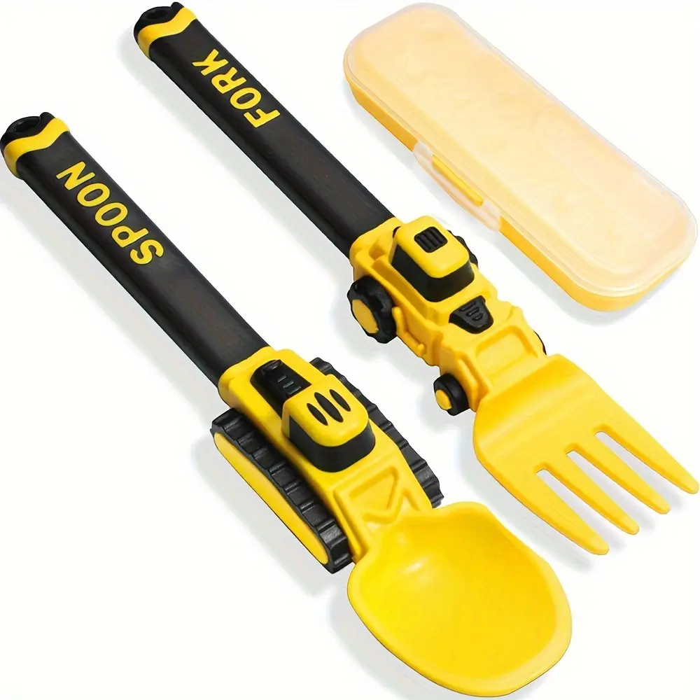 summerwins Toddler 2-Piece Spoons and Forks Set - Yellow-Black Cartoon Oil Truck Plastic Tableware Utensils, Self-Feeding Feeding Accessories with Storage Case, Kids' Drinking Feeding Supplies