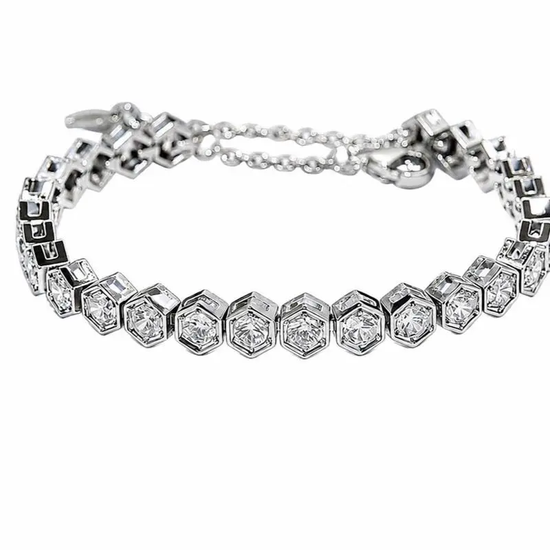 Stainless Steel Silver Honeycomb Hexagon Bracelet, Sparkling Diamond-Style Link Bracelet, Free Size Adjustable Jewelry for Women & Men, Elegant Everyday Wear, Trendy Fashion Accessory, Perfect Gift for Any Occasion