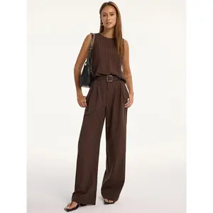 Pinstripe Sleeveless Top and Pants Set with Belt