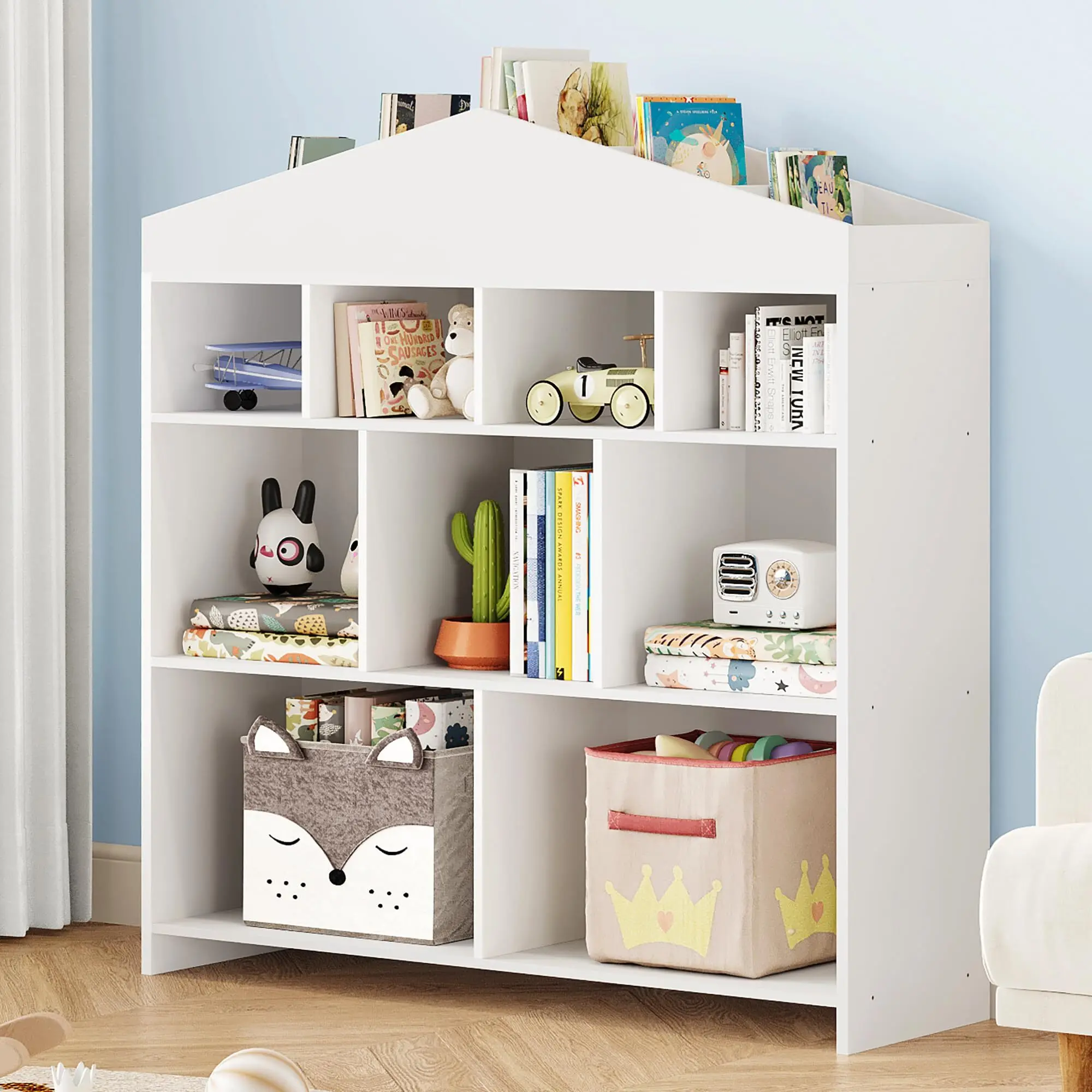 Toy Storage Organizer Kids Bookshelf with 9 Storage Cubbies Dollhouse Bookcase Toddlers Playhouse Wooden Bookshelf Playroom Organization for Playroom, Bedroom