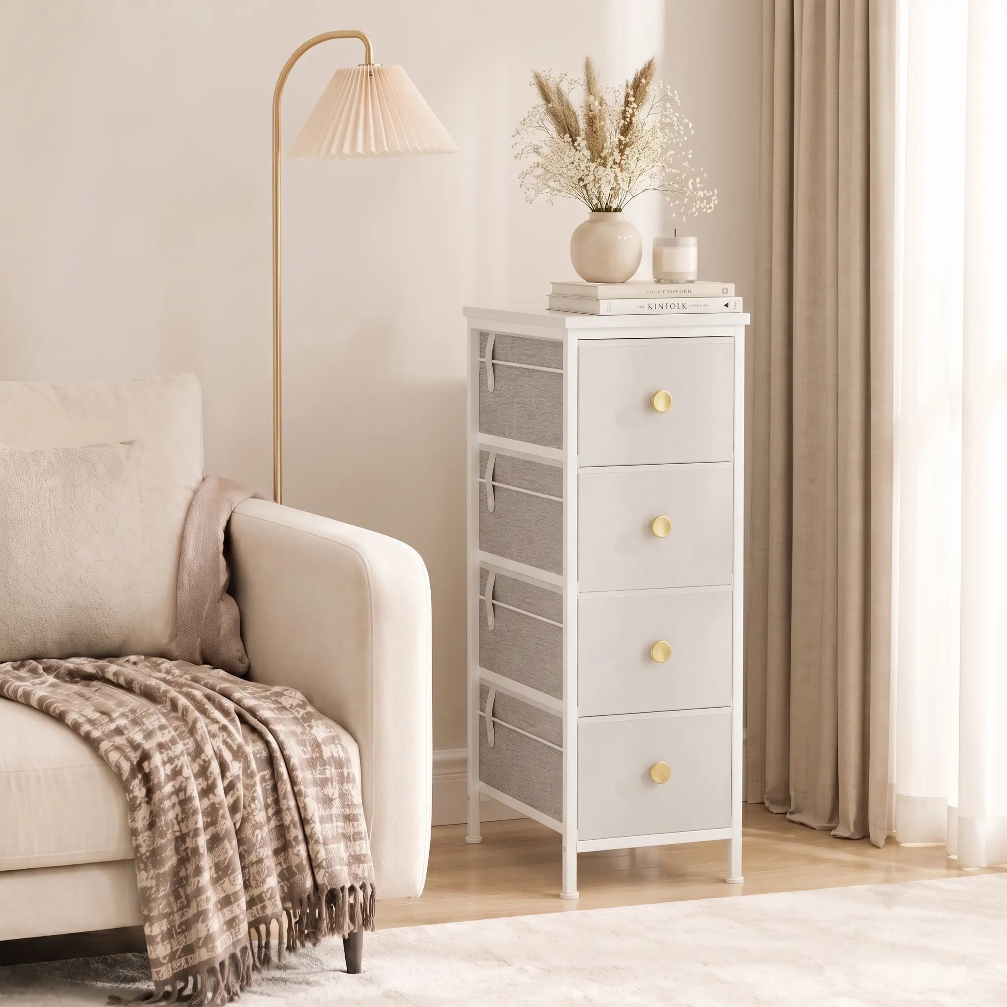 Summer Sale 4-Tier Tall Chest of Drawers white- Metal Frame Fabric Storage Tower Dresser, Modern Storage Cabinet Organizer with Removable Drawers & Anti-Tip Base for Bedroom, Kitchen Pantry, Closet, Small Apartment Home showcase display case tiny