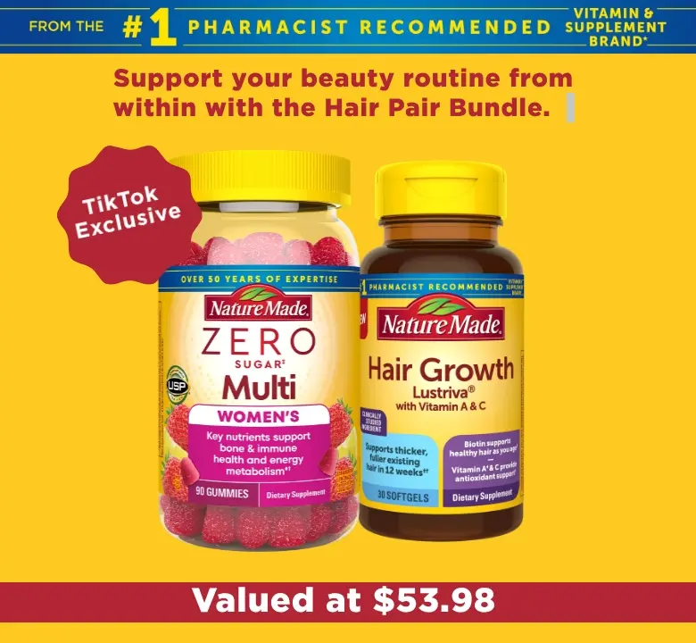 Nature Made Hair Pair Bundle – Hair Growth Lustriva Softgels and Zero Sugar Womens Multi Gummies (2 Pack)