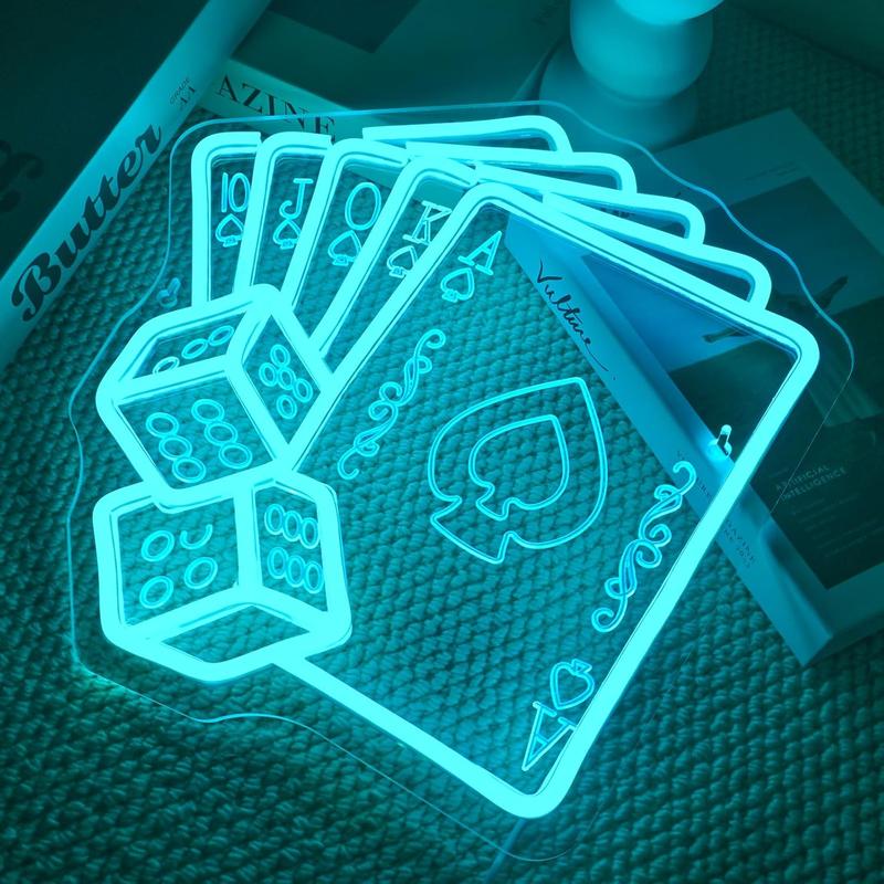 Blue Poker Neon Signs Dice Neon Signs Wall Decor Straight Flush LED Light for Bedrooms Bar Clubs Casinos Hotels Game Room Man Cave Party Decorations