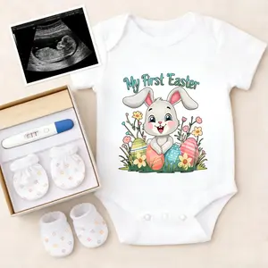 Soft Baby Bodysuit Easter Bunny With Eggs Print 100% Pure Cotton Non-Irritating Snap Closure Breathable Stretchy Perfect For Gifting & Everyday