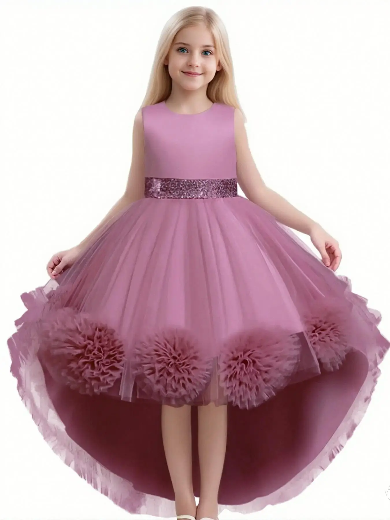 Children's Halloween Costumes,Girl's Floral Jacquard Tulle Overlay Dress, Elegant Round Neck Sleeveless A Line Dress for Party Wedding Guest, Kids Clo