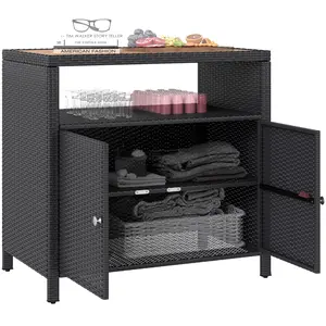 Outsunny Wicker Outdoor Storage Cabinet, Rattan Outdoor Bar Table with Acacia Wood Countertop, 2 Doors and Shelf, Buffet Cabinet Sideboard for Poolside, Garden, Patio, Backyard, Black
