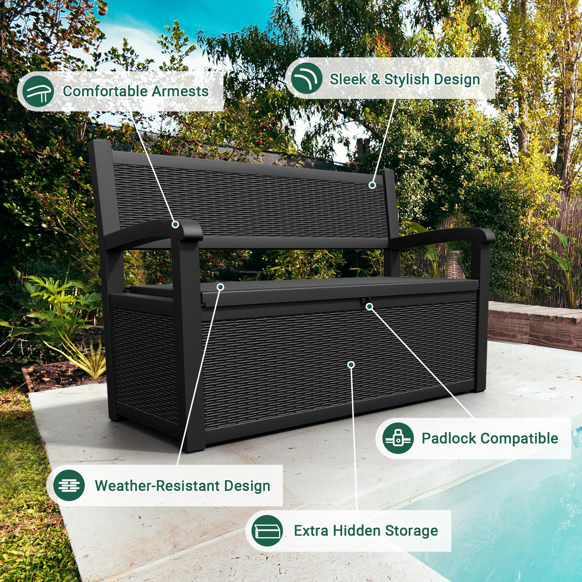 RIWENGO 70 Gallon Storage Bench Deck Box with Armrest for Patio Furniture Outdoor Storage Water Resistant Durable Secure Locking System