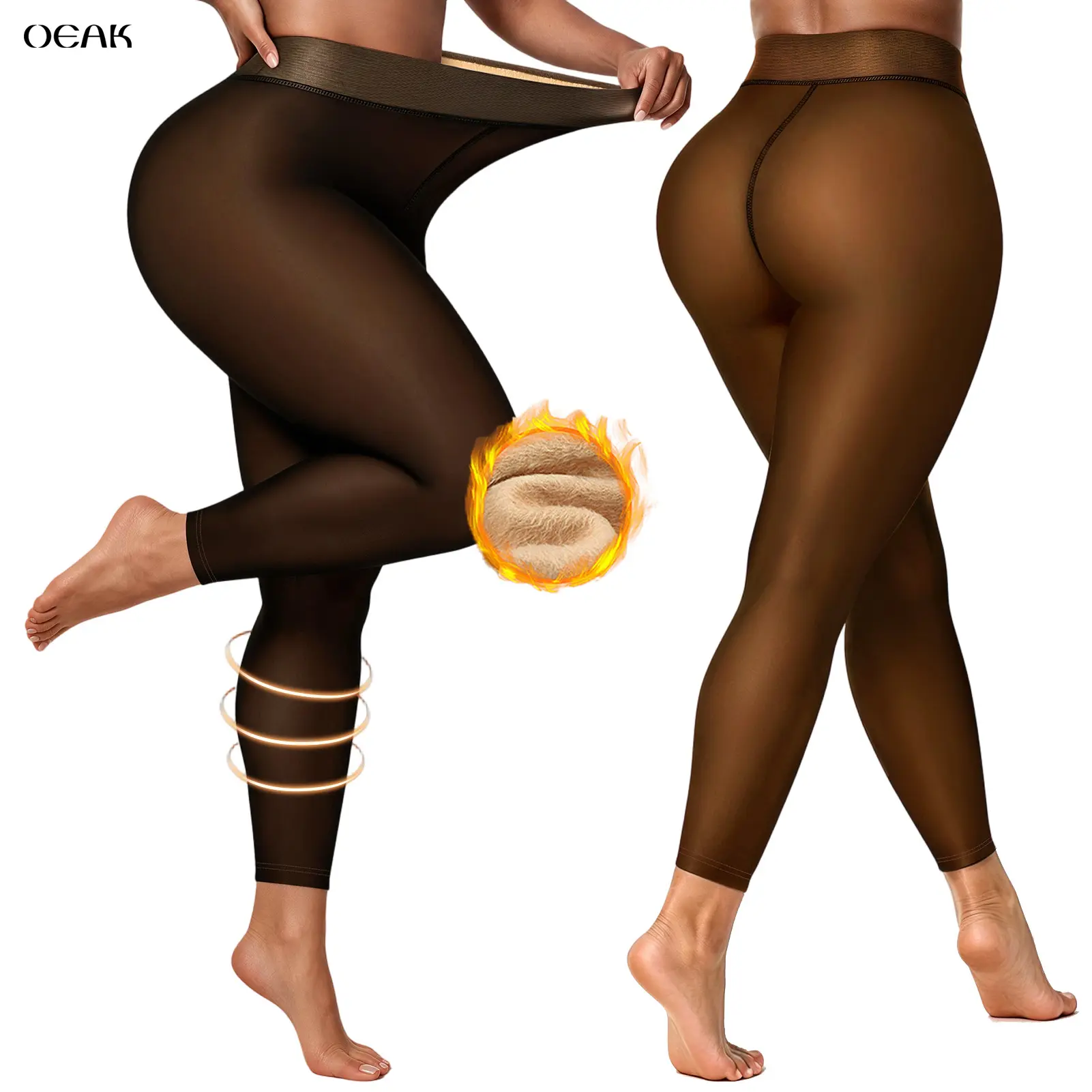 Oeak Women Fleece Lined Tight Footless Leggings Sheer Fake Translucent Thermal High Waisted Opaque Tights
