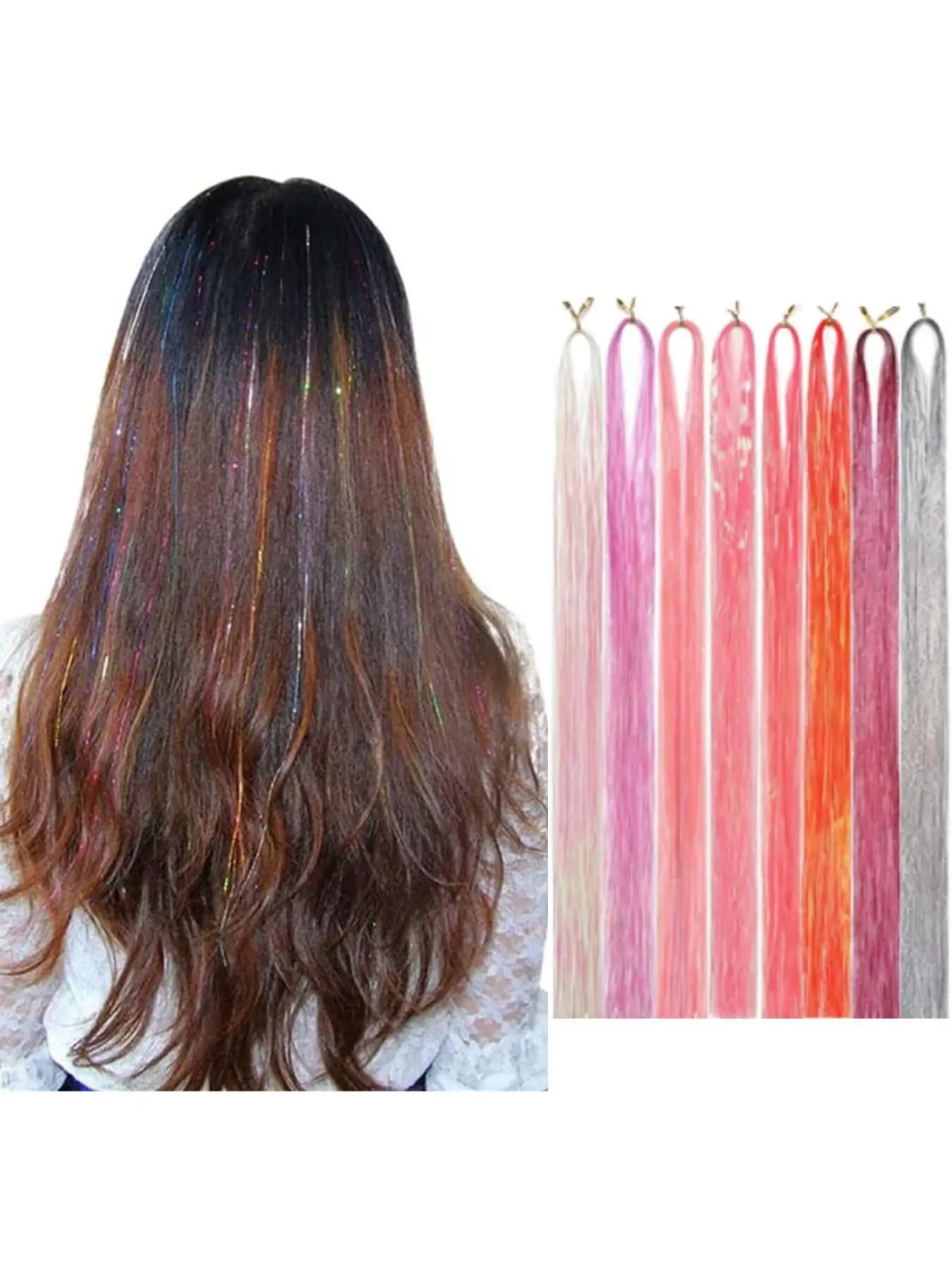 8-Pack 22-Inch Laser Thread Glitter Synthetic Hair Extensions, No-Trace Rainbow Fiber Hair Pieces, Stylish Fake Hair Strips, Synthetic Straight Hair