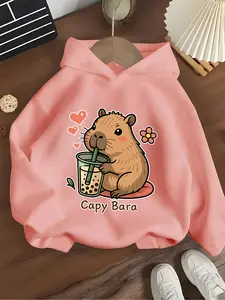 Girls' Hooded Sweatshirt Watermelon Milk Tea Cartoon Print, Cute Casual Fitted Kids Clothing, Soft Fabric, Spring & Fall Wear