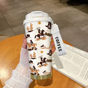 18oz Insulated Water Bottle Hydration Tumbler with Hanging Rope, Desert Camel Design, Stainless Steel Lid & Straw, Durable Kitchen Essential