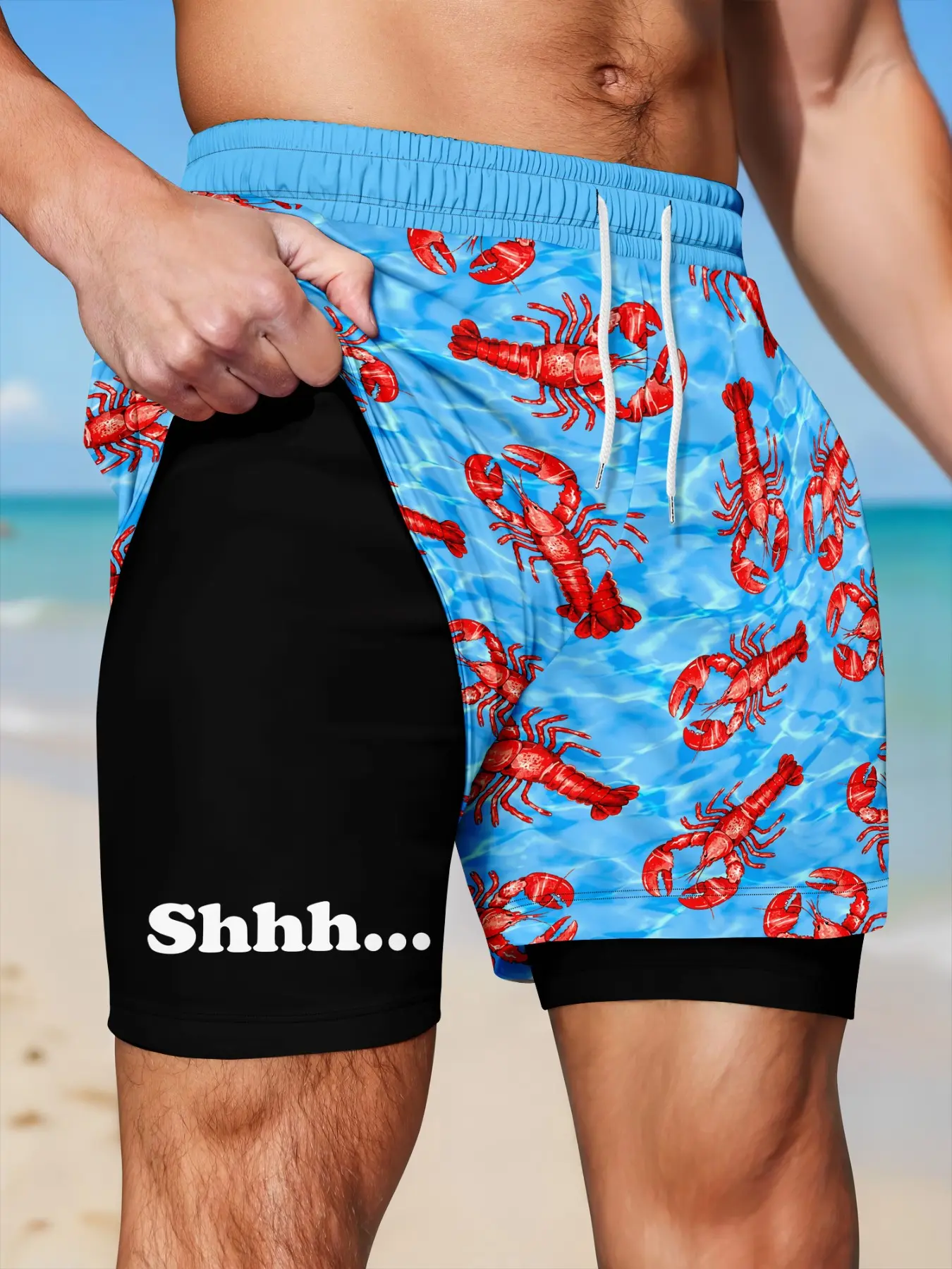 Men's Lobster Print Beach Shorts with 'shhh...' Text, Dual-Layer Lining, Blue Wave Pattern, Sporty Style, All Seasons