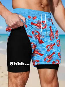 Men's Lobster Print Beach Shorts with 'shhh...' Text, Dual-Layer Lining, Blue Wave Pattern, Sporty Style, All Seasons