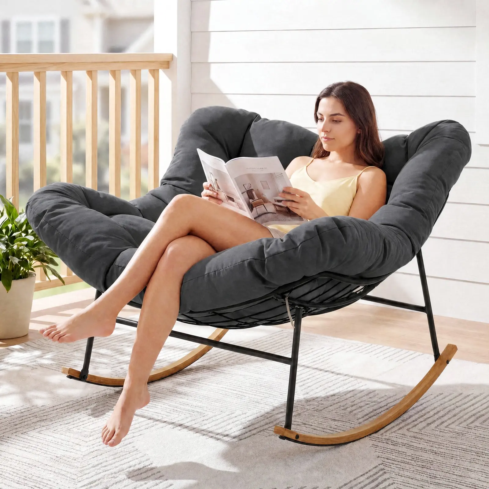 ONBRILL Oversized Papasan Rocking Egg Chair - Indoor/Outdoor, 450 lbs Capacity, Thick Cushion, Cozy Lounge Reading Glider, Chair for Bedroom, Blue