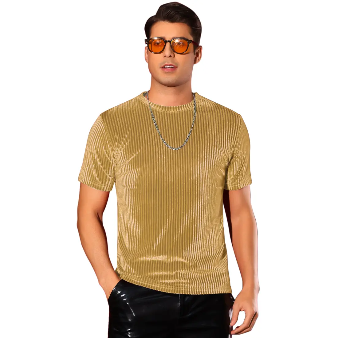 INSPIRE CHIC Men's Velvet T-Shirts Crew Neck Short Sleeve Tee Tops Disco Velour T Shirts
