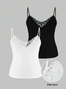 Women's Plus Size LUNE Sleeveless Camisole 2-Piece Set, Polyester Fabric Tops with Lace Patchwork, Solid Color Fit