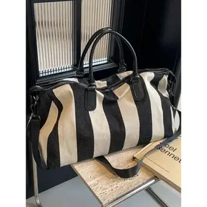 High-End Travel Bag, Large Capacity, Portable Business Trip Luggage, Color Block Stripe Design, Versatile Handbag for Gym & Overnight UseGift