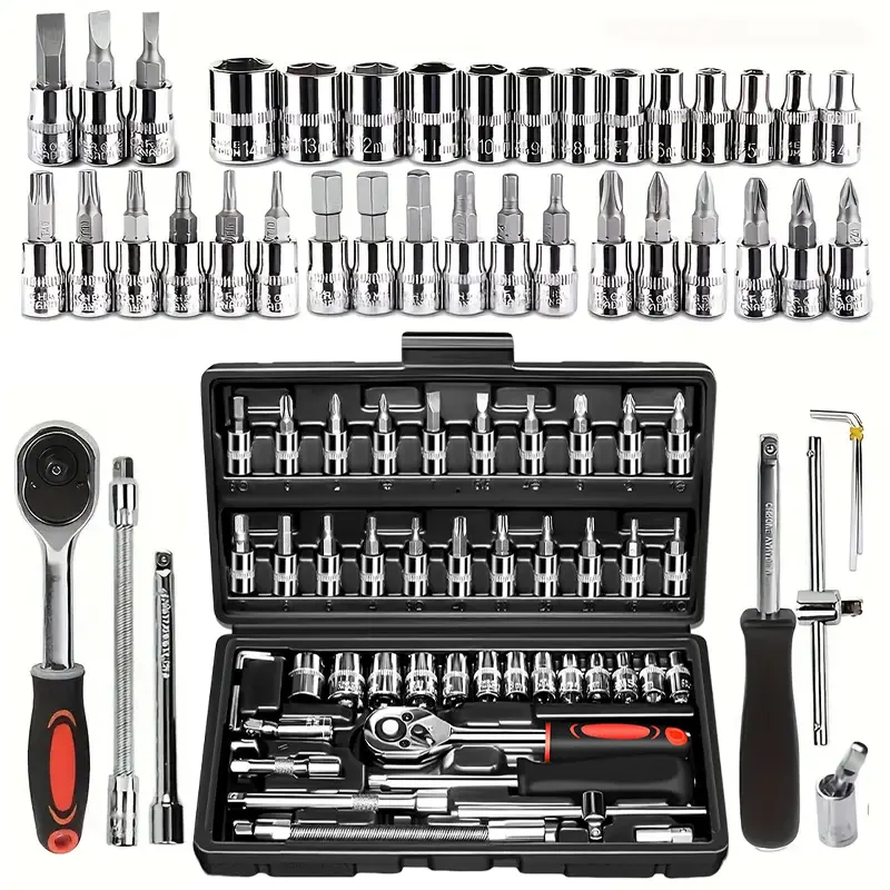 SummerVibes 46-Pieces Metric Size Tool Kit Set, 1/4-in Drive Metal Sockets with Bit Set & Extension Rod, Storage Case Included, for Car/Motorcycle Fix & Household Repair