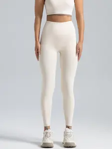 "Women's High Waist Yoga Leggings – Tummy Control & Wide Waistband for Running/Gym (Beige)" Basic Minimalist leggings Womenswear Bottom