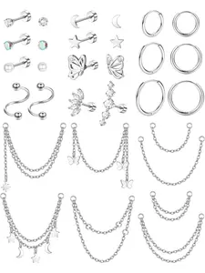30 Pcs 20G Cartilage Earrings Set For Women Men Stainless Steel Small Huggie Hoop Earring Flatback Star Moon Butterfly CZ Cartilage Stud Earrings Chain Dangle Cartilage Helix Tragus Piercing Jewelry Hypoallergenic Jewelry