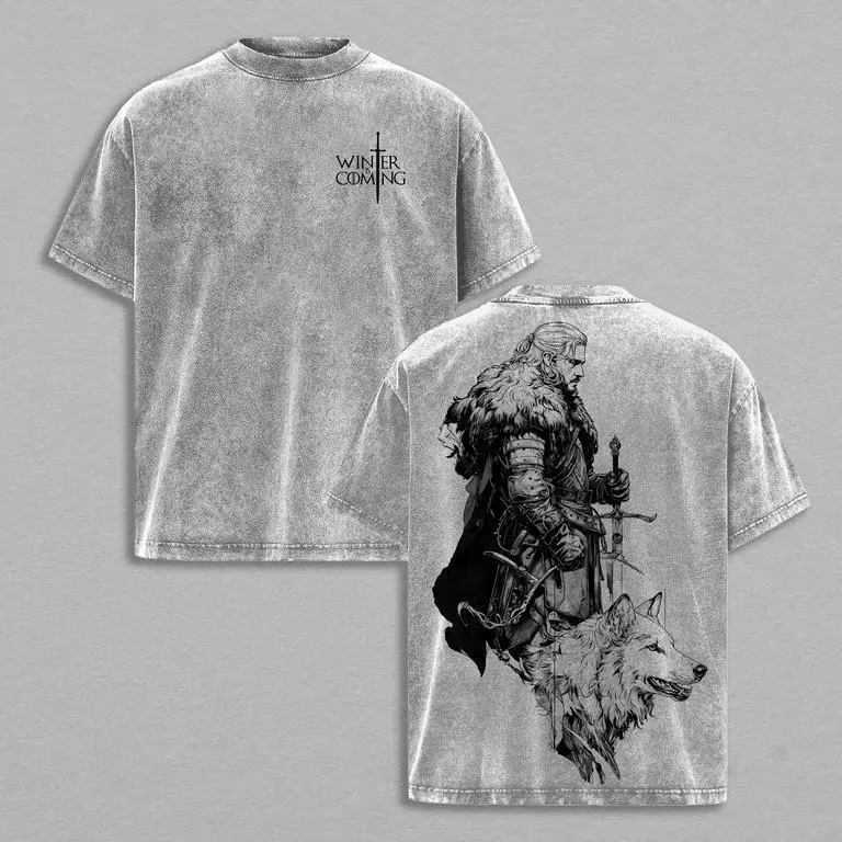 Winter is Coming Jon Snow T-Shirt, Game of Thrones Stark Direwolf Graphic Tee, Vintage Washed Oversized Streetwear Gift for GoT Fans