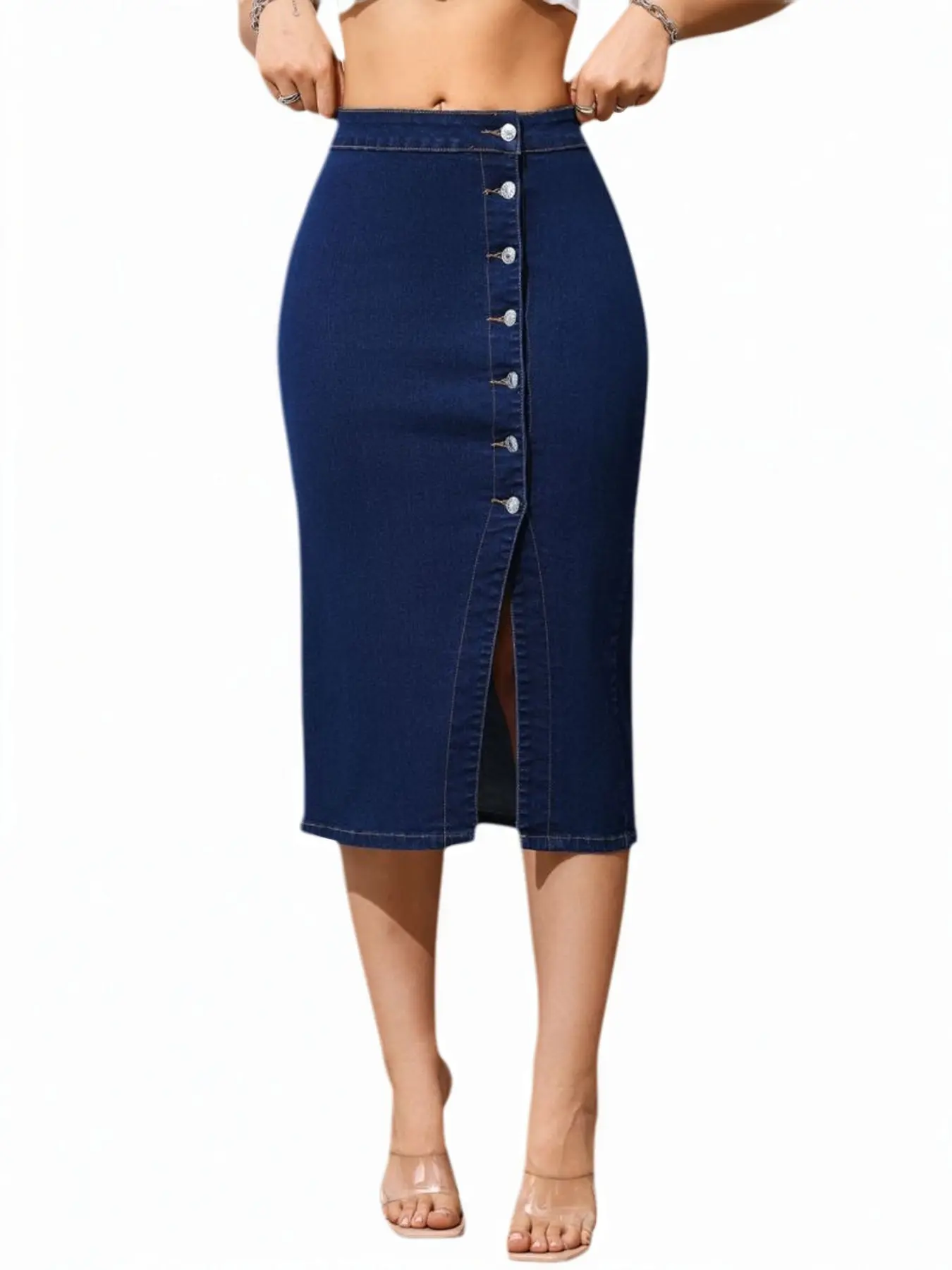 Elegant Chic Women's Knee-Length Denim Skirt, Minimalist, Basic Tight-Fit Plain Slit Design, Perfect for Casual & Party Wear, All-Season Street Fashion