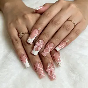 24-Piece Ballet Style Nail Art Set, French Tip with 3D Butterfly & Pearl, Square Acrylic Nails, Reusable, Medium Length, Glossy Finish